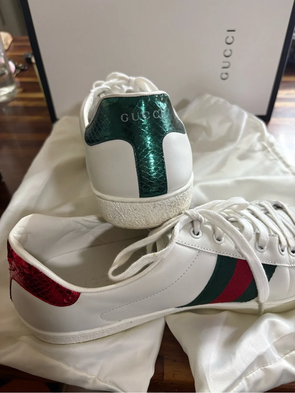 Gucci White Leather Sneakers with Red Snake Embroidery